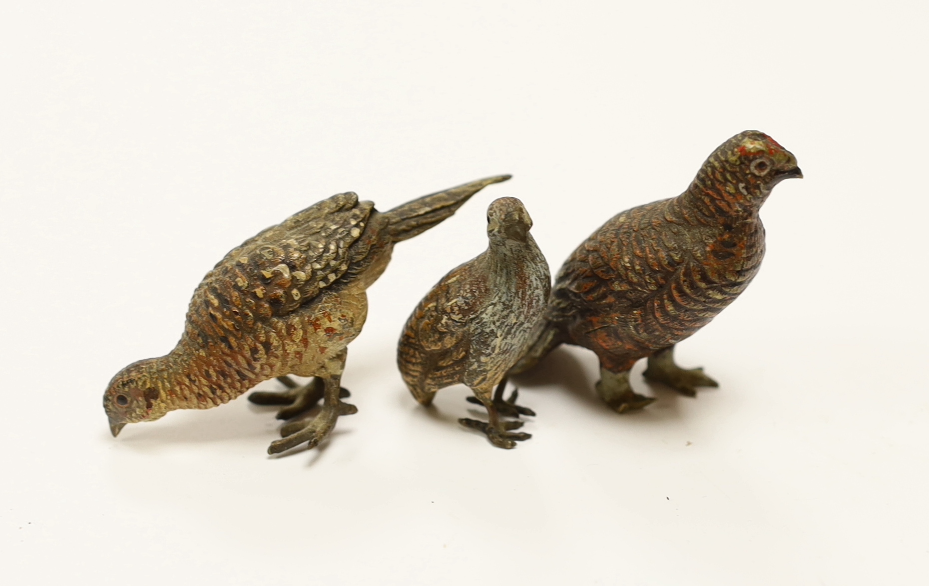 Three Austrian cold painted models of Grouse, tallest 5cm high